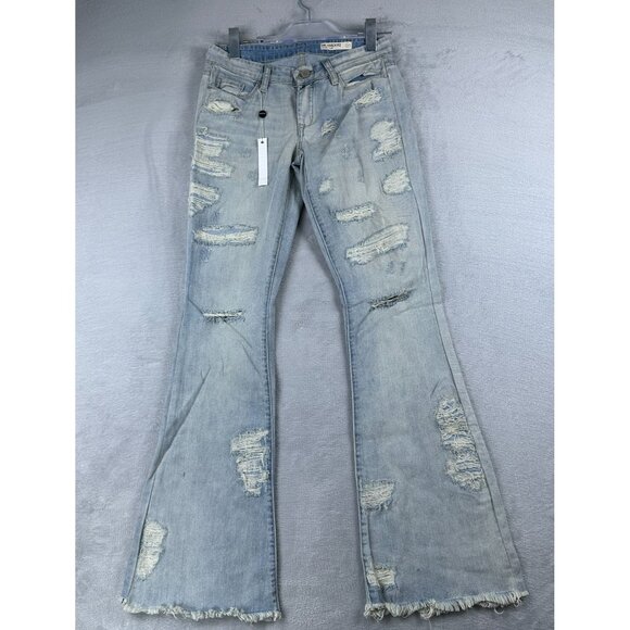 Blank NYC Cosmic Flare Leg Jeans Womens 27 Low Rise Distressed 100% Cotton Blue - Picture 1 of 12
